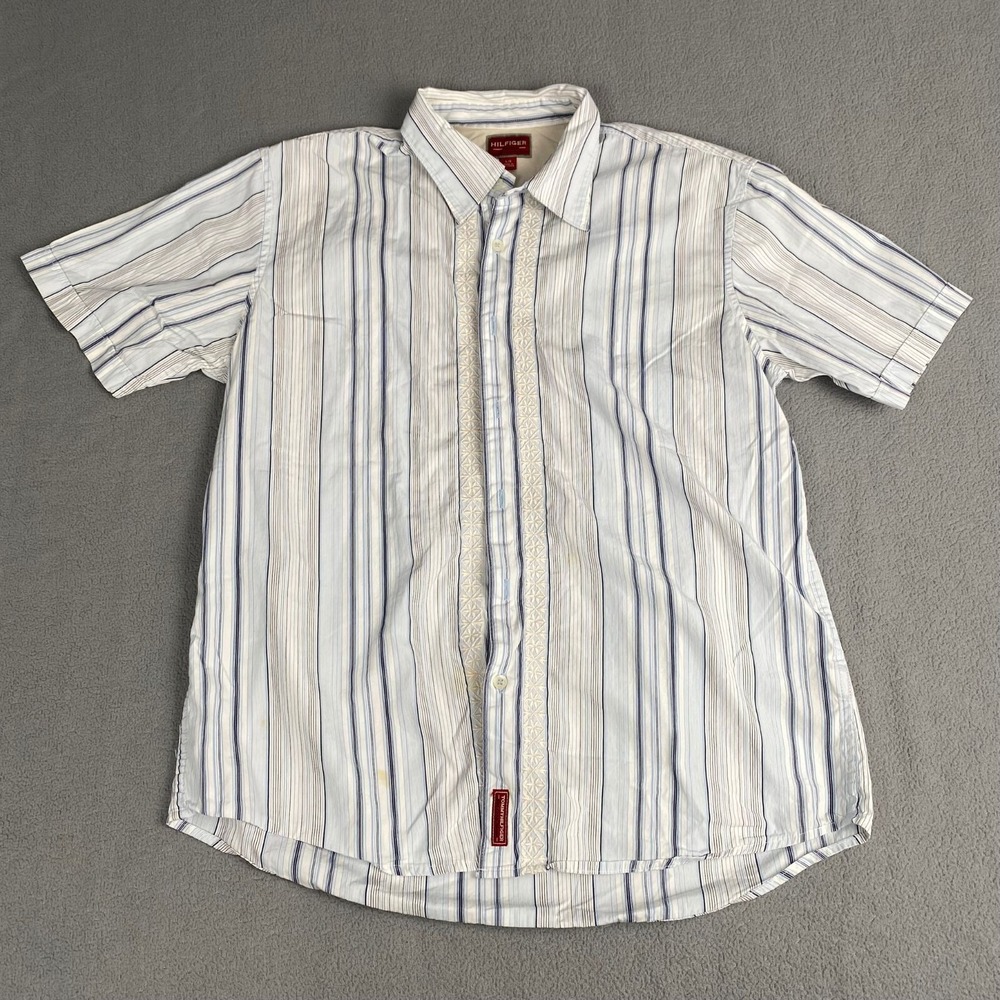 Red Label Tommy Hilfiger Men's size‎ L/G Shirt Stylish Blue/White embroidered
